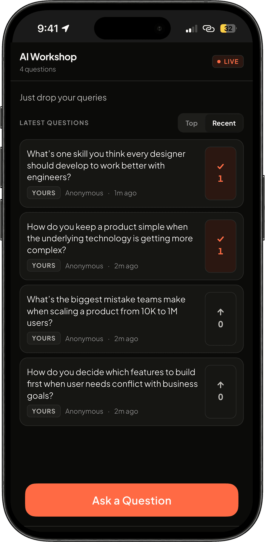 The CrowdCue attendee screen on a phone: questions ranked by upvotes, with an Ask a question button at the bottom.